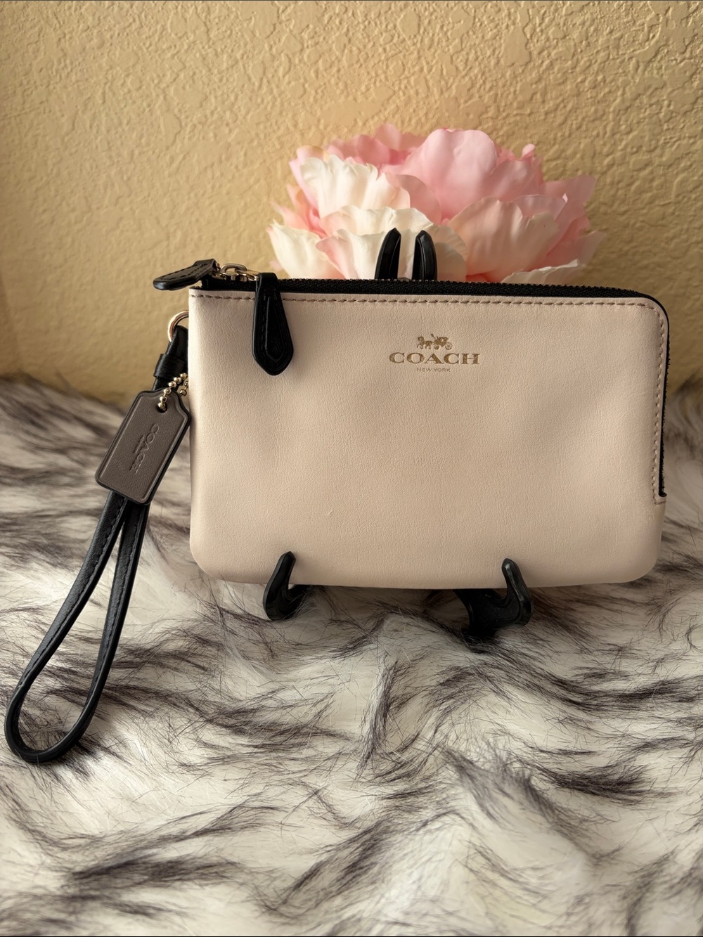 Coach two tone leather double zip wristlet wallet ivory and signature brown EUC - Picture 1 of 11